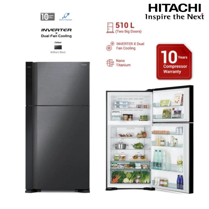 HITACHI Kulkas 2 Pintu JUMBO 501 LITER - DUAL FAN COOLING INVERTER R-V61PGD7 - Tempered Glass Black 