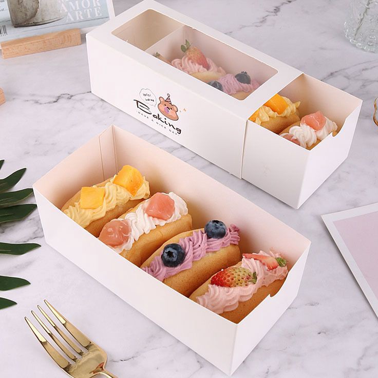 

KI3 1pcs dus box donut panjang kue roll cake roti donut dus panjang kue box bolu gulung