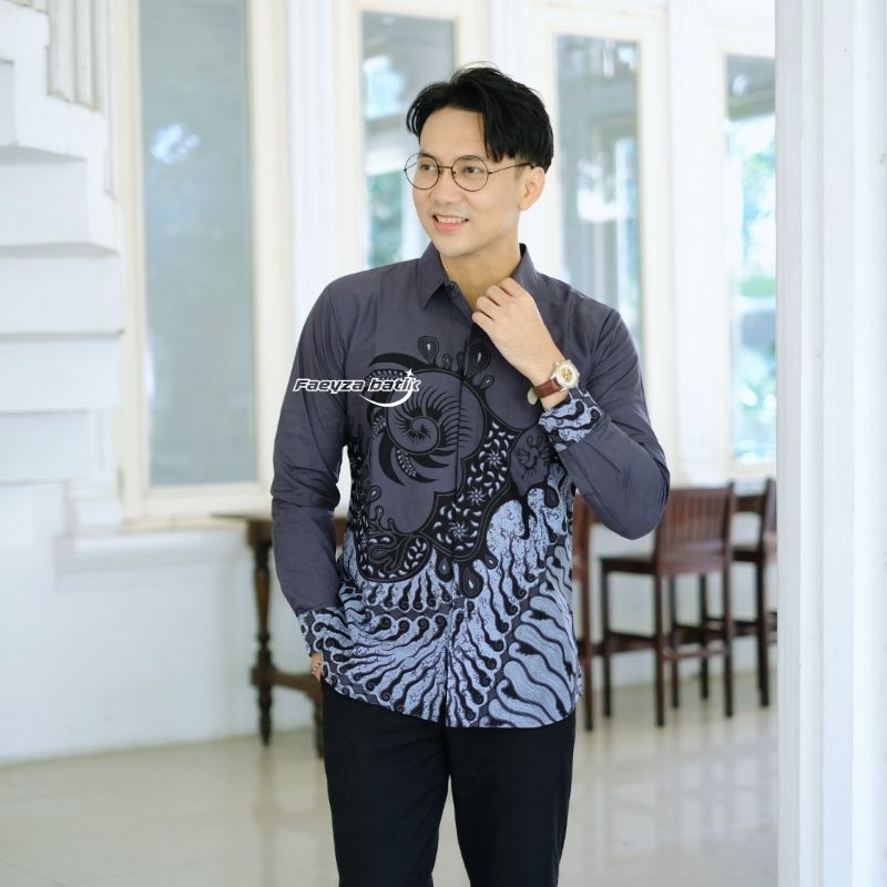 New Kemeja Batik Pria Motif Nareswara Abu Putih Hitam Batik Pria Original Slimfit Katun Halus Kemeja
