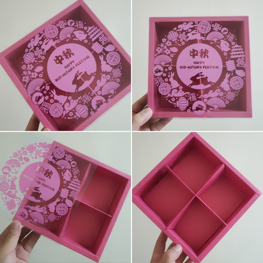 

(5Pcs) Box Packaging Mooncake Dus Hampers Kue Bulan Mika 100gr Sekat 4 Ukuran 8.5x8.5x5 cm Warna Magenta