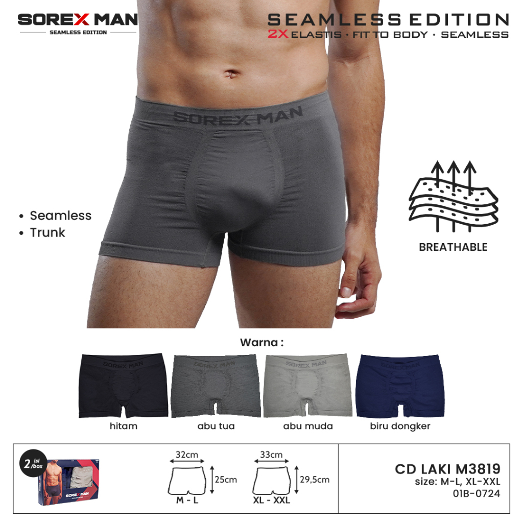 (1 Kotak isi 2 Pcs ) Sorex Man Trunk Seamless Boxer Pria CD LK M3819 ( M 3819 )