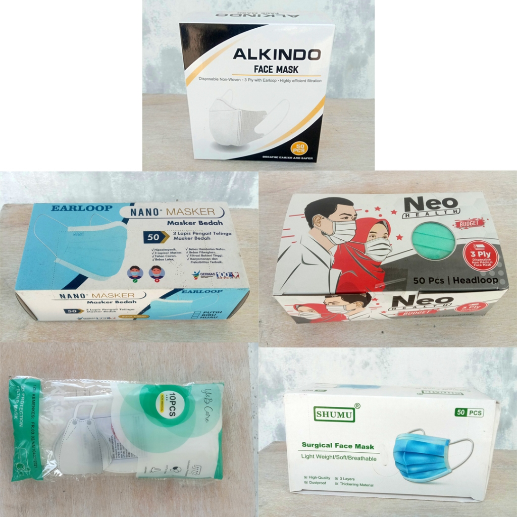 Masker Sekali Pakai untuk Melindungi Wajah (HAI, Alkindo, Nano, NeoHealth, Sensa, SHUMU, KF94, KN95)