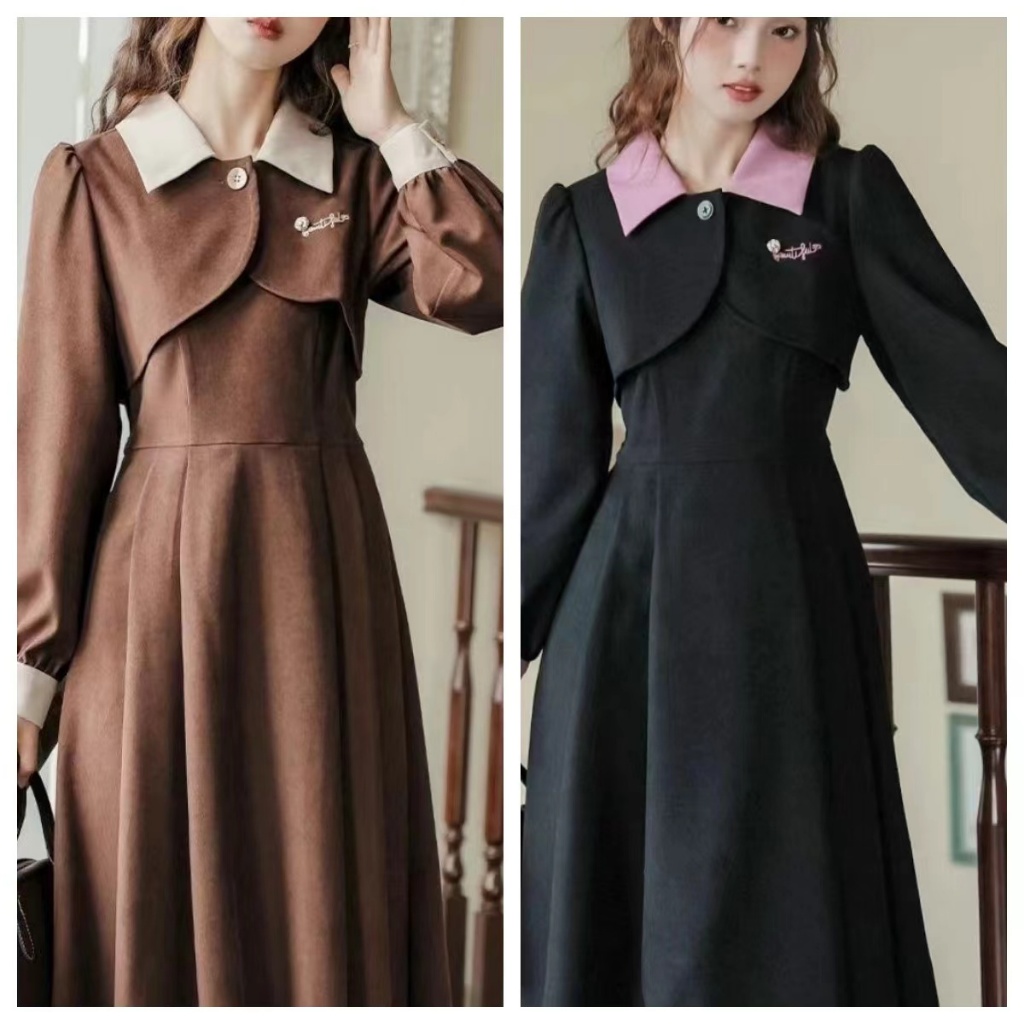 First Girl-Dress French Corduroy Fashion Korean Long Sleeve  Dress korea style wanita 5003-G032