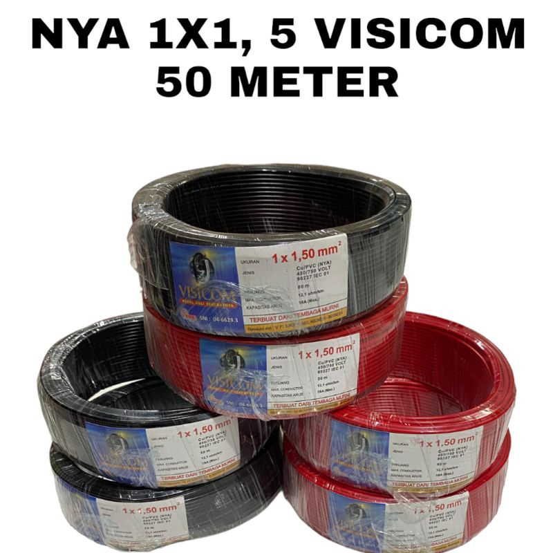 Kabel NYA 1x1, 5 VISICOM 50 meter tembaga murni 100%, kabel engkel 1,5 visicom original 100%
