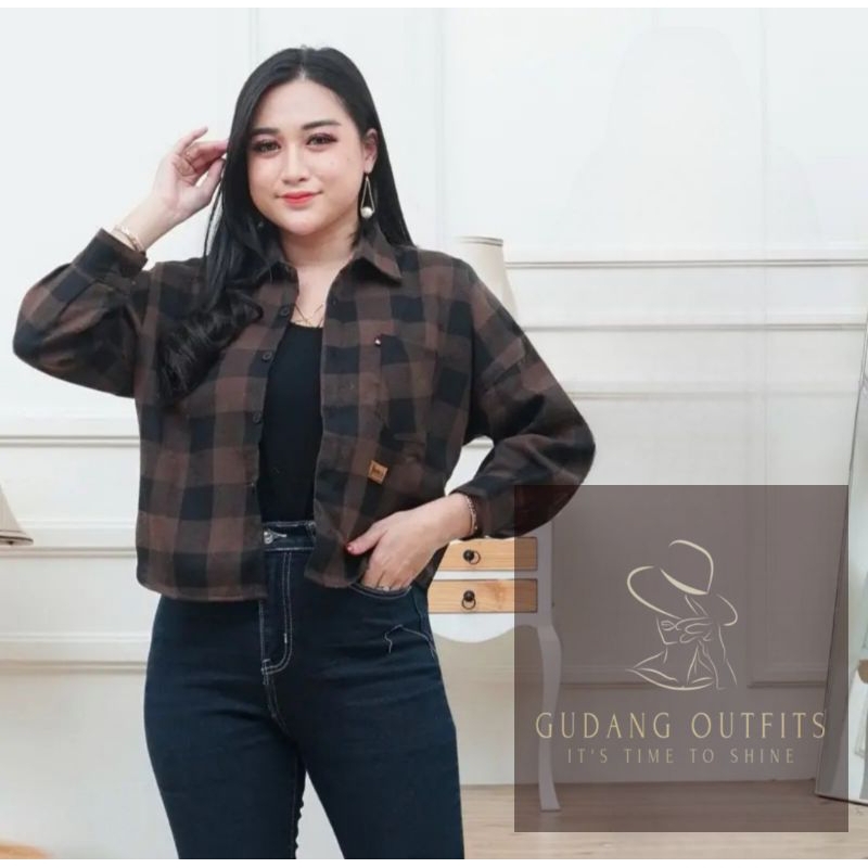 Kemeja Croptop Wanita Kotak - Kotak Kain Flanel Korean Style Oversize Motif Catur