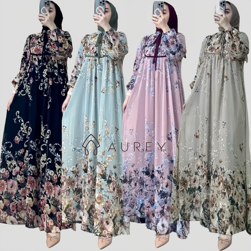 Aurey - Set Hijab Nafisa Gamis Ceruty Hyget Motif Terbaru Free Hijab / Setelan Hijab Gamis Wanita Bu