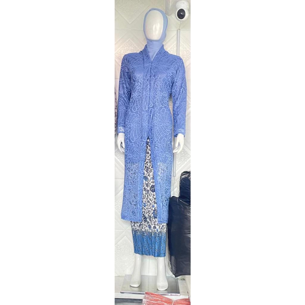 Realpict Setelan Kebaya Denim//Setelan Kebaya Long Floy Tunik Rok Plisket