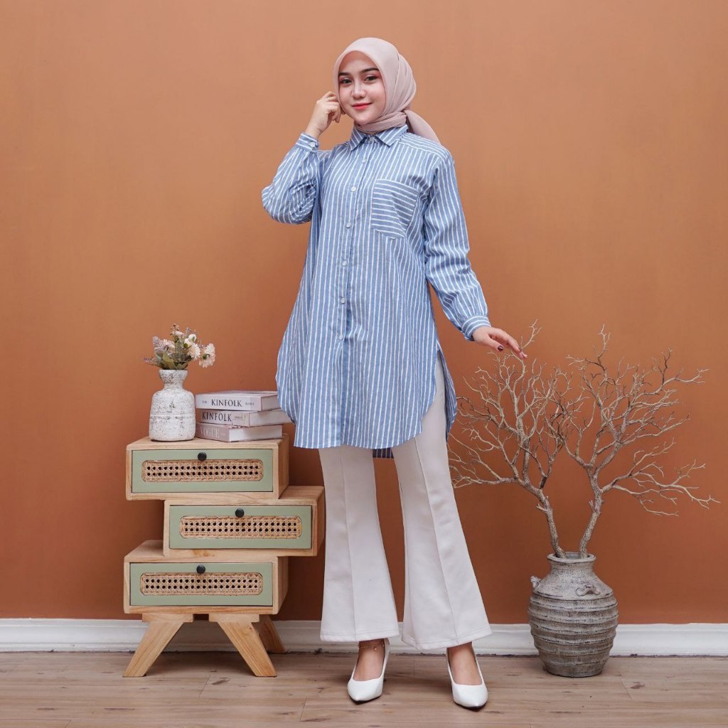 SHAINA Tunik Kemeja Atasan Wanita Dewasa Casual Motif Salur Garis Katun Yandet Premium