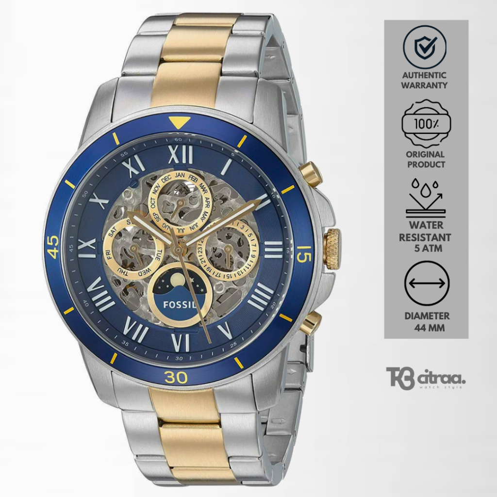 Jam Tangan Fossil Grant Automatic Pria Silver Gold Stainless Steel Mewah Sporty Original ME3141