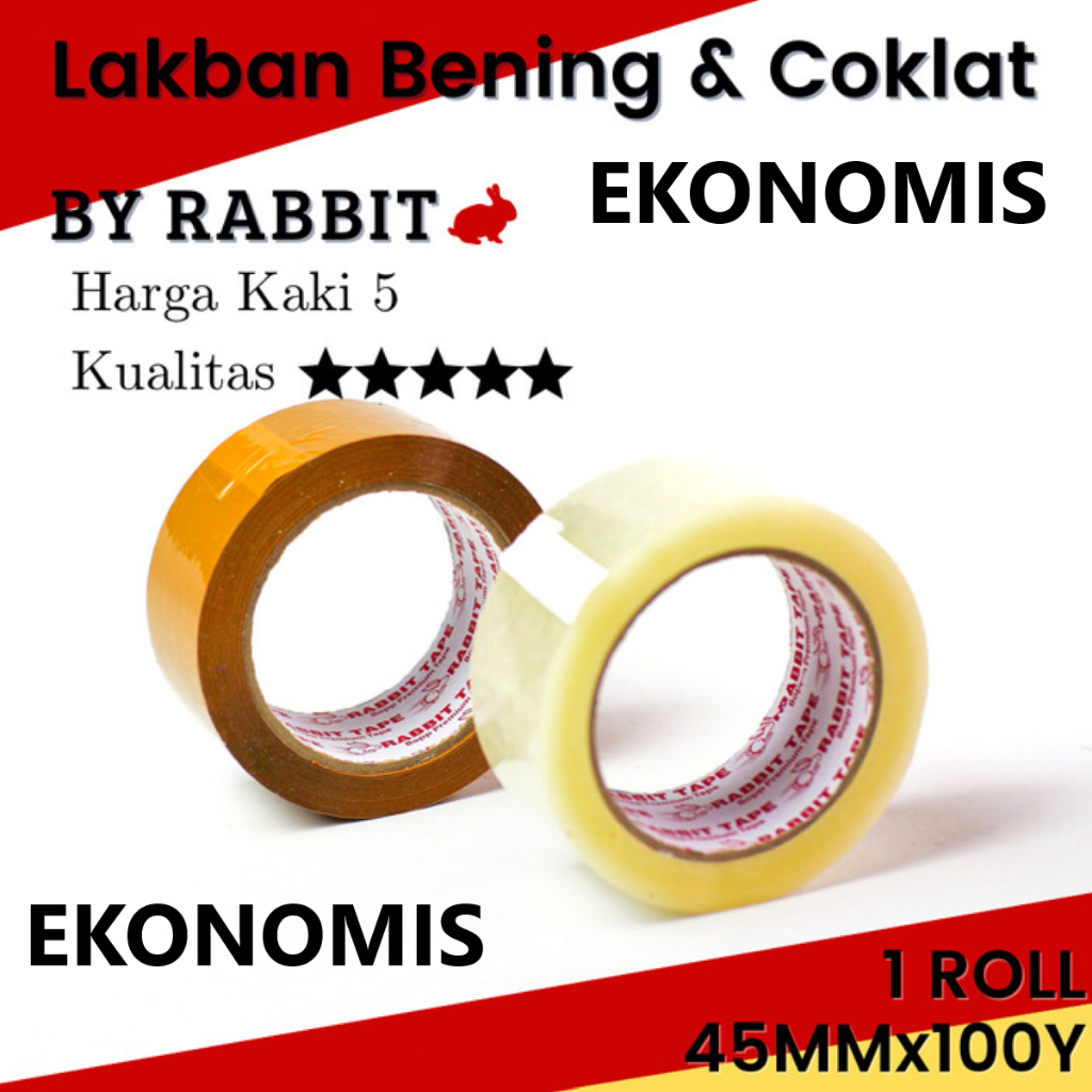 Lakban 2inch 45mm x 100 Yard Ekonomis Rabbit Tape Bening / Coklat