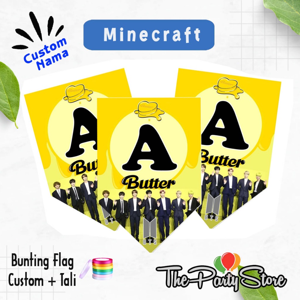 Banner Bunting Flag Happy Birthday Karakter BTS Butter /Banner Custom Huruf dan Angka