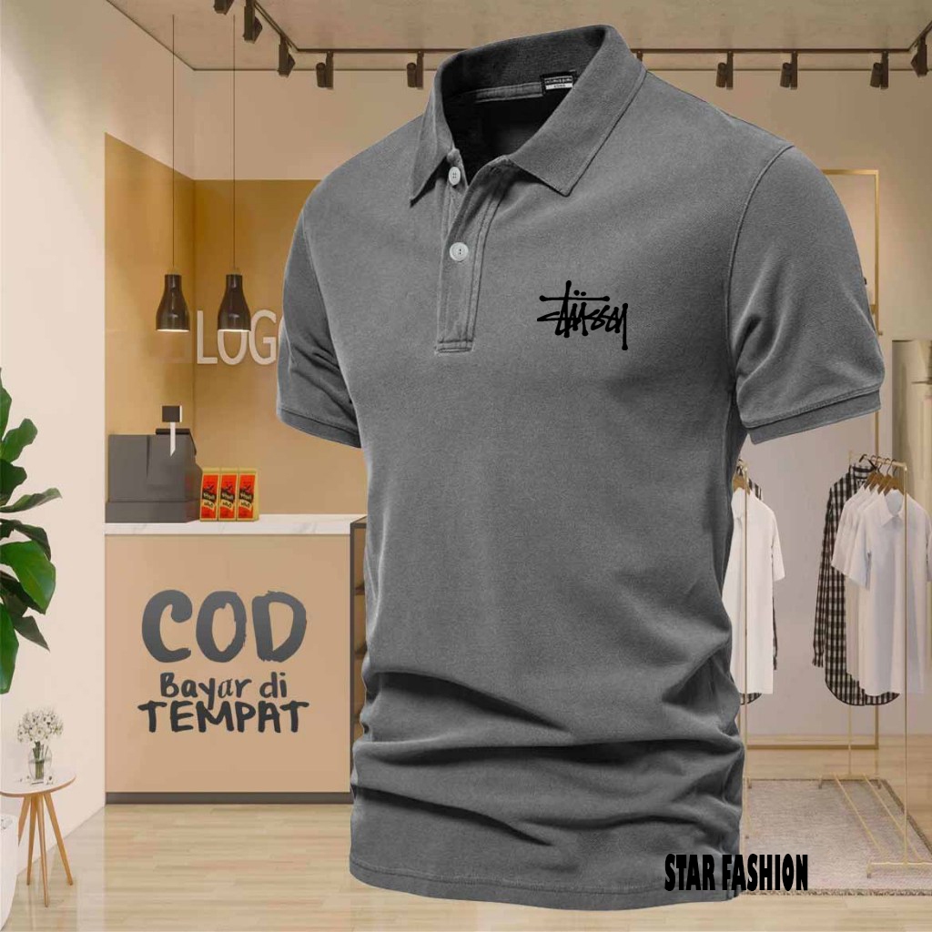 COD T-shrit POLO Kerah Stussy Text Hitam Kaos Kerah Dewasa Shirt / Kaos Wangki Pria Polo / Kaos Sera