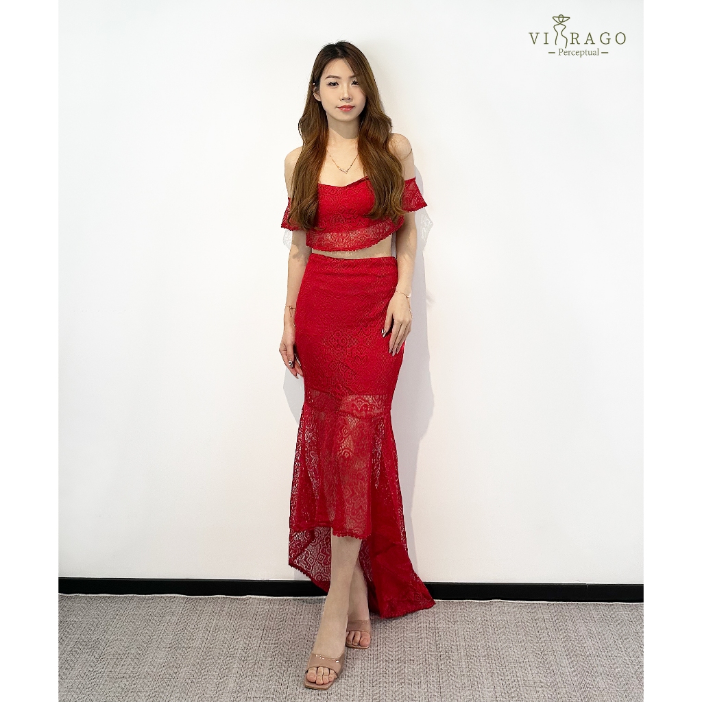 VIRAGO Gaun Rok Renda Rok Pensil Temperamen Punggung Terbuka Tanpa Tali  Dua Potong Untuk Wanita Mot