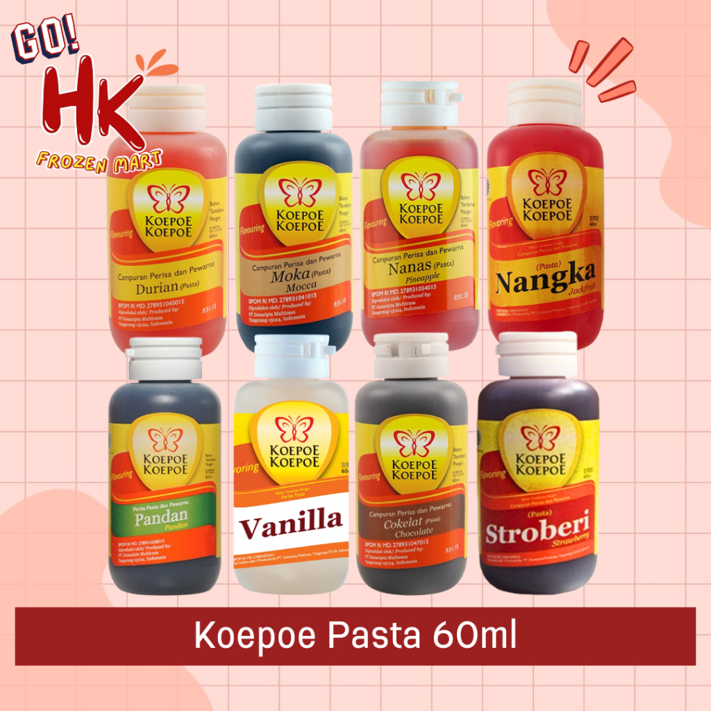 

Koepoe Kupu Pasta Makanan 60ml | Cokelat Vanila Strawberry Pandan Nanas Durian Moka Nangka HK Frozen