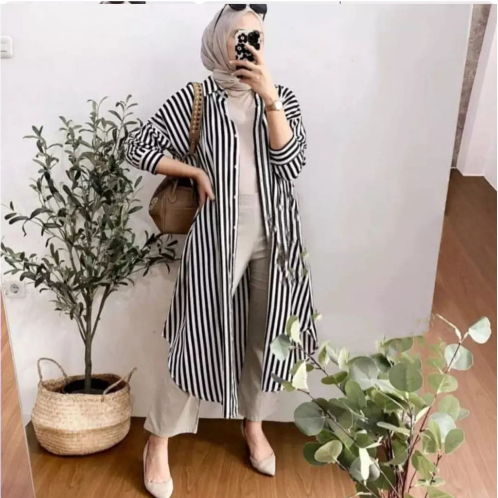 Tunik Kemeja Salur Jumbo Bahan Katun Rayon Premium / Atasan Wanita Big Size / Tunic Wanita Terbaru