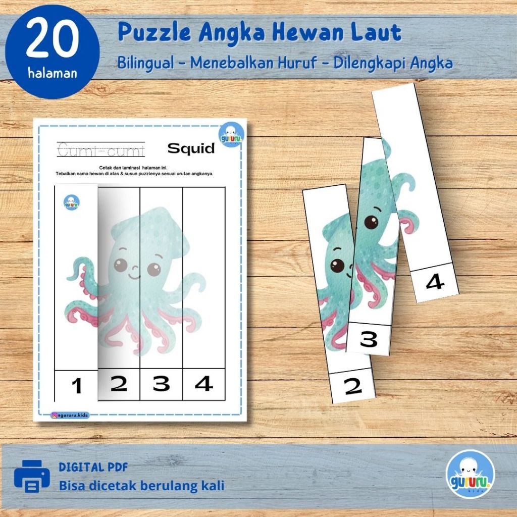 GURURU PDF Printable Aktivitas Gunting & Tempel PUZZLE ANGKA HEWAN LAUT Anak Usia 2 3 4 5 6 Tahun