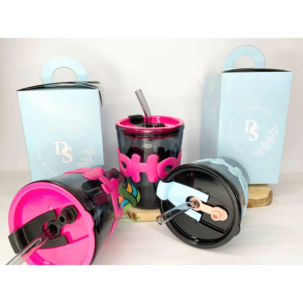 Souvenir Elegan Gelas Sedotan Kaca Motif XoXo Cup Glass Kopi Travel Botol Minum Sedotan Aesthetic