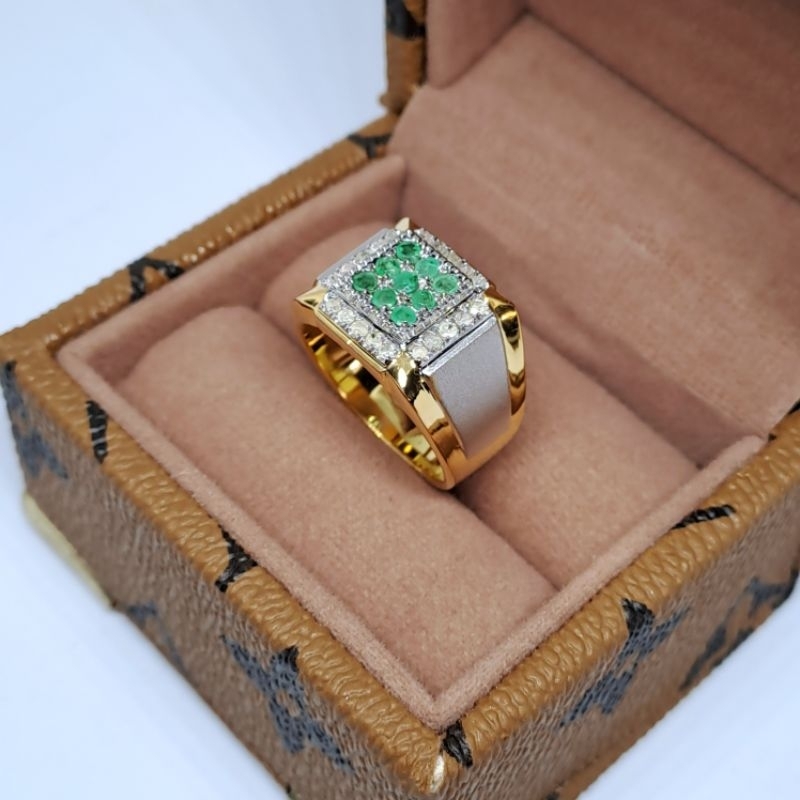 Cincin Berlian Pria Perak Batu Zamrud