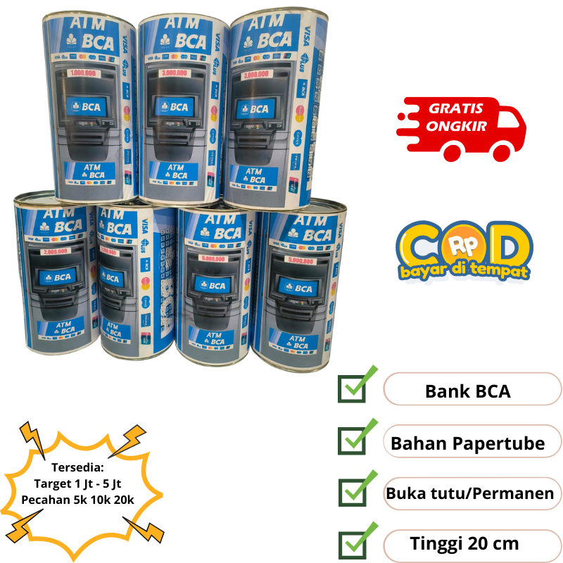 Celengan Atm mini bank bca Tinggi 20 cm Ukuran L tabungan permanen buka tutup target 1 juta target 2