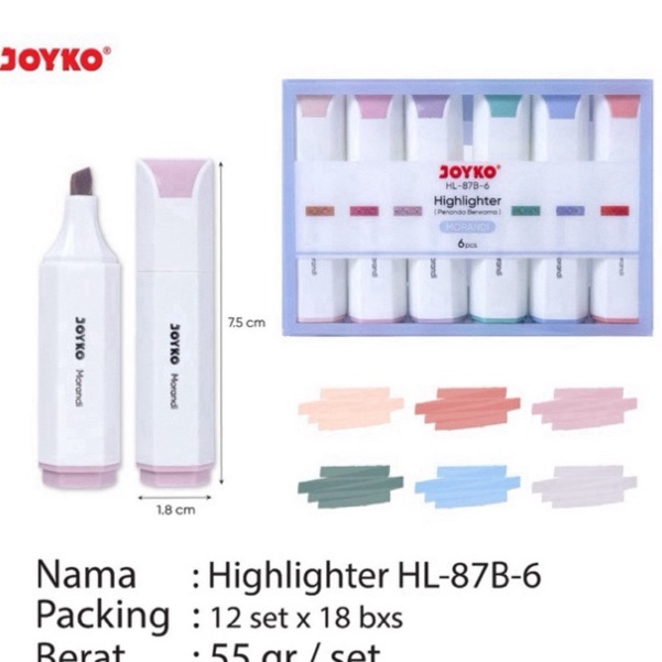 

KODE B78E 1 set 6 pcs Joyko Highlighter HL87B6 Penanda Berwarna Morandi isi 6 warna
