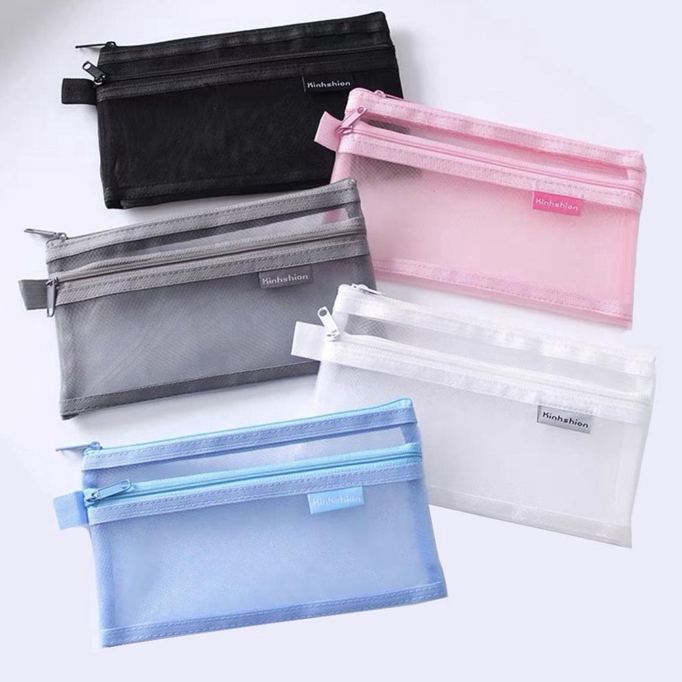 

KODE D89V Kotak Pensil 2 Dua Resleting Tempat Pensil Mesh Jaring Transparan