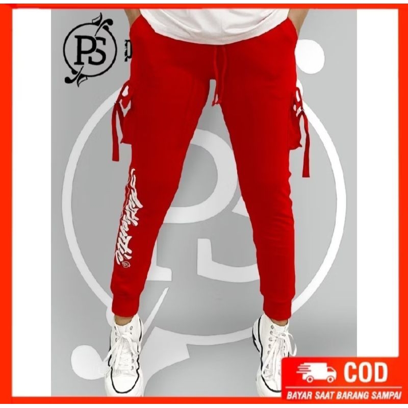 joger cargo panjang merah putih/baju senam pyursport