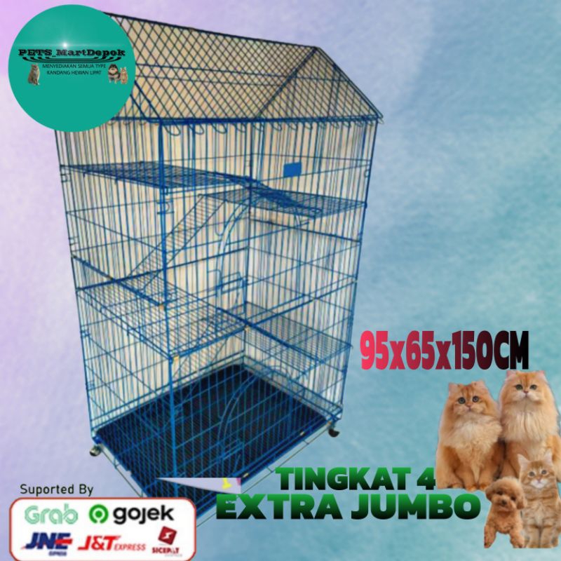 KANDANG KUCING KELINCI MODEL ATAP RUMAH TINGKAT 4 JUMBO 95x65x150CM TERMURAH KOKOH