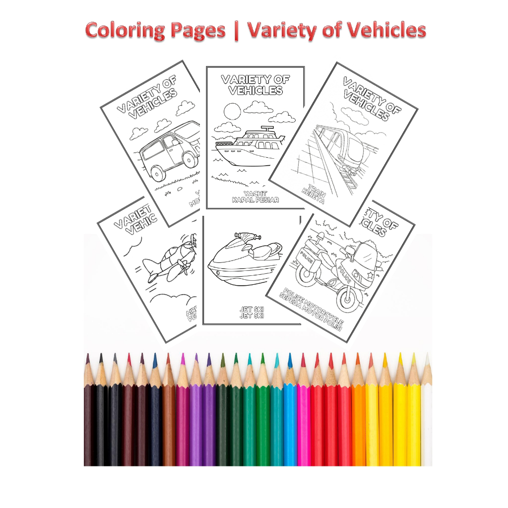 

MURAH ! Coloring Pages / Variety of Vehicles / Mewarnai Kendaraan / Lembar Mewarnai /Kertas Mewarnai