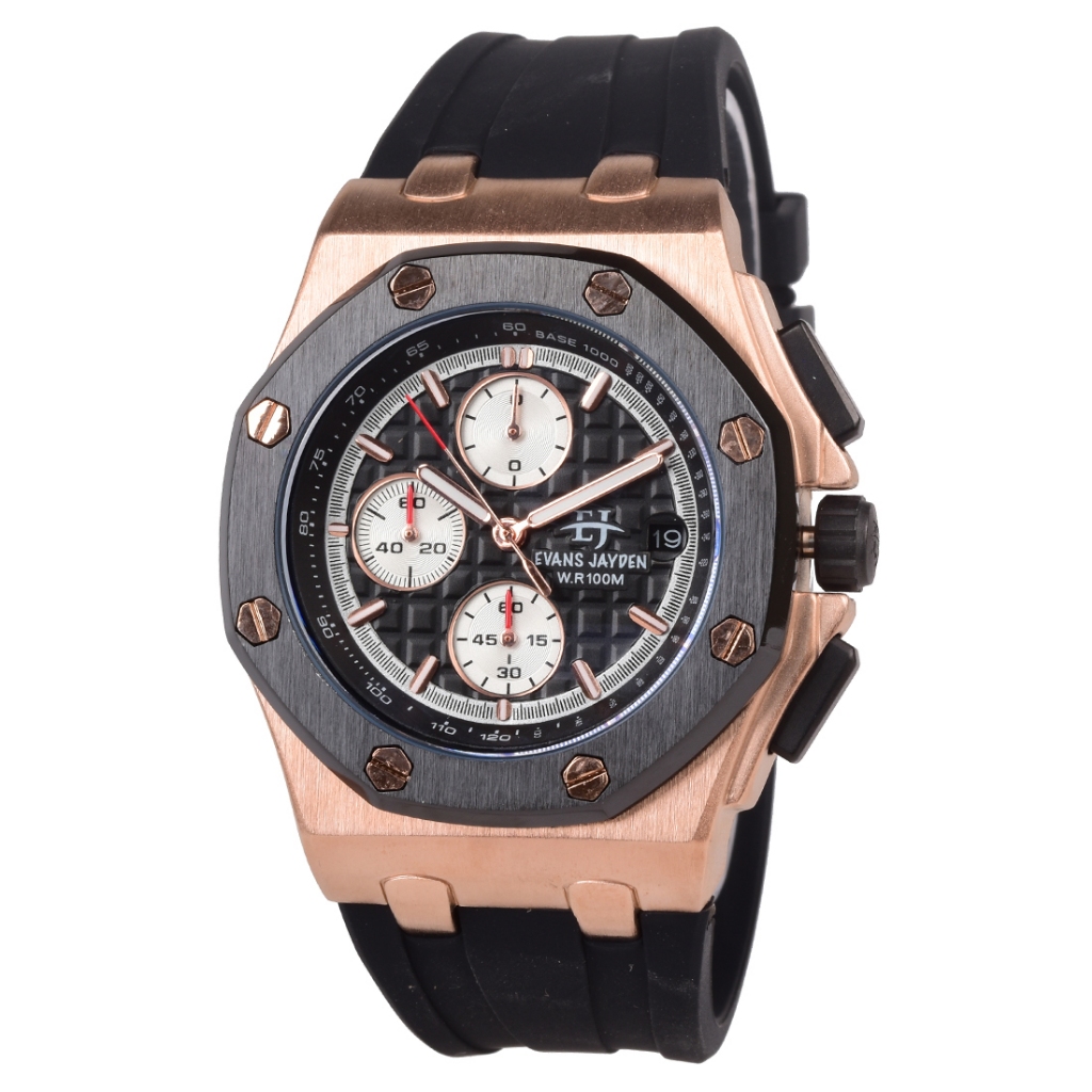 Evans Jayden EJ-9560 Jam Tangan Chronograph Pria - Rosegold Black Rubber Strap