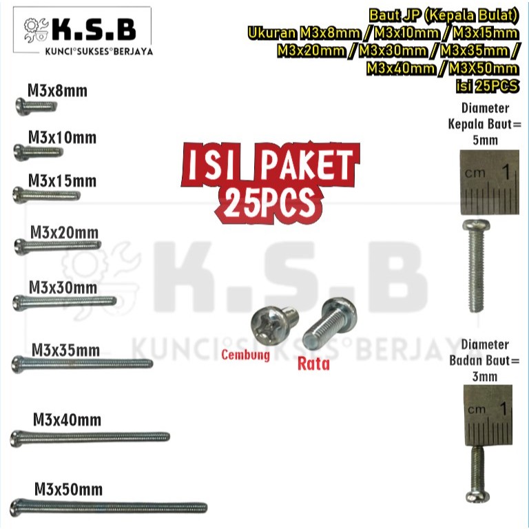 25PCS Baut JP Kepala Bulat M3x8mm / M3x10mm / M3x15mm / M3x20mm / M3x30mm / M3x35mm / M3x40mm/ M3x50