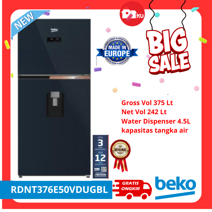 Beko Kulkas 2 Pintu RDNT376E50VDUGBL RDNT 376E50 VDUGL dengan Dispenser Air 375 L