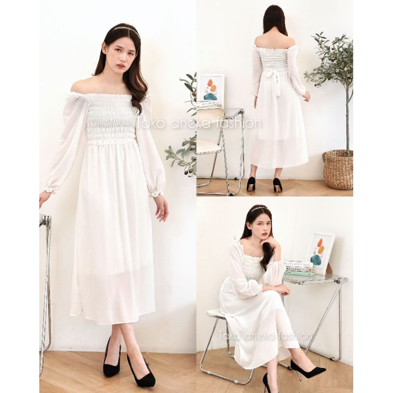 MAXI DRESS KONDANGAN WANITA DADA SERUT TANGAN PANJANG PUTIH