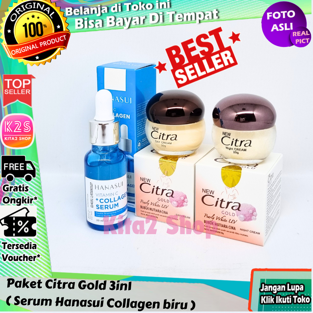 [ TERLARIS  ] Citra Gold 3in1 Cream Siang Malam + Hanasui Serum Collagen Biru Ori COD Kita2 Shop
