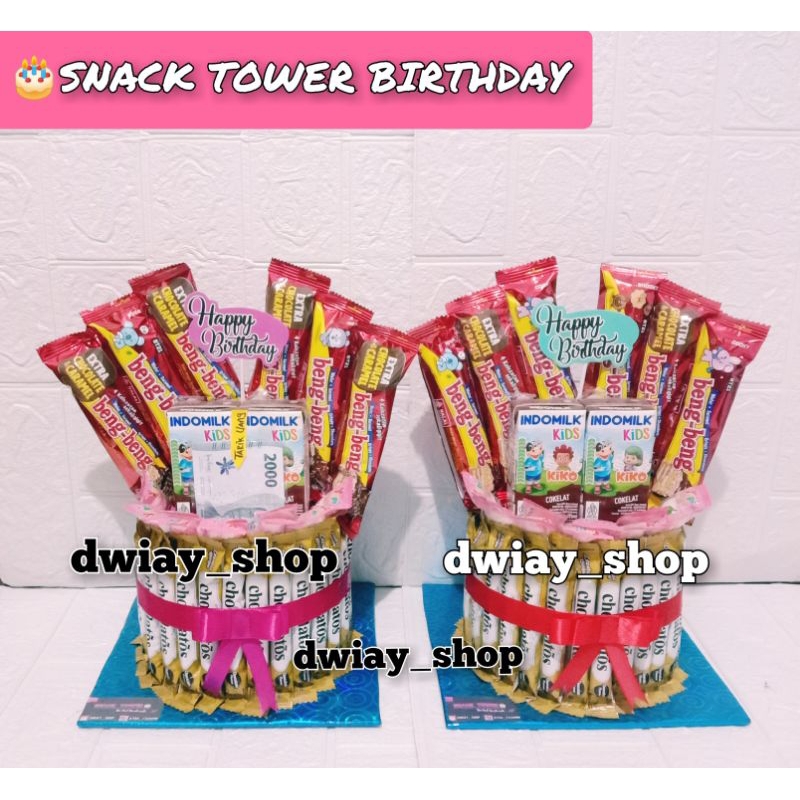 

SNACK TOWER BIRTHDAY / KUE ULTAH / SNACK CAKE / SNACK ULTAH KEKINIAN / HADIAH KHITAN