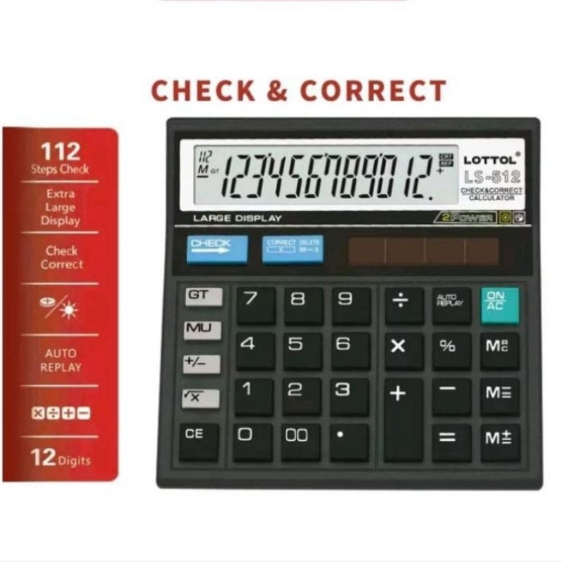 

Kalkulator 12 Digit LS-512 Calculator Check & Correct Auto Replay Dual Power LAYAR BESAR
