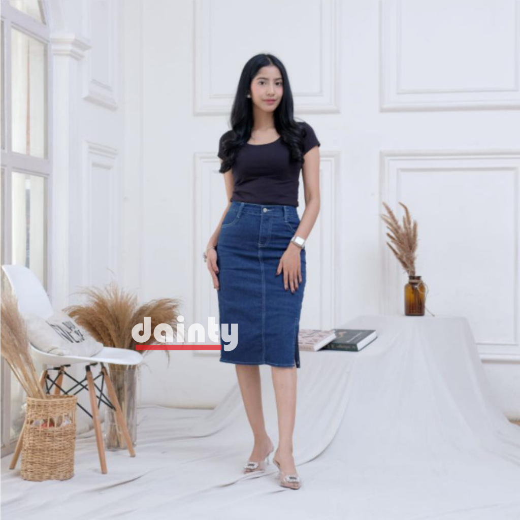 NICKY Skirt Midi Jeans Light Navy Span (uk.27-34) Rok Belt Kantor Hitam Jeans Best Seller