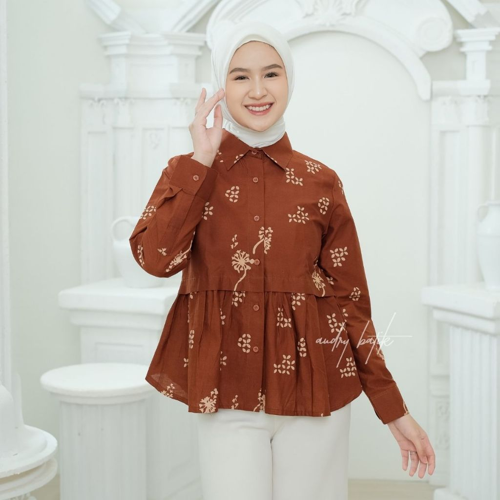 Audry Batik - Alexa - Blouse Batik Kerja Wanita Hijab Modern Motif Batik Kawung Maroon Bata