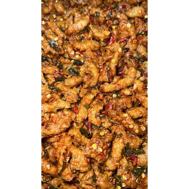 

Keripik Usus Ayam Extra Pedas Kemasan 50gram&100gram