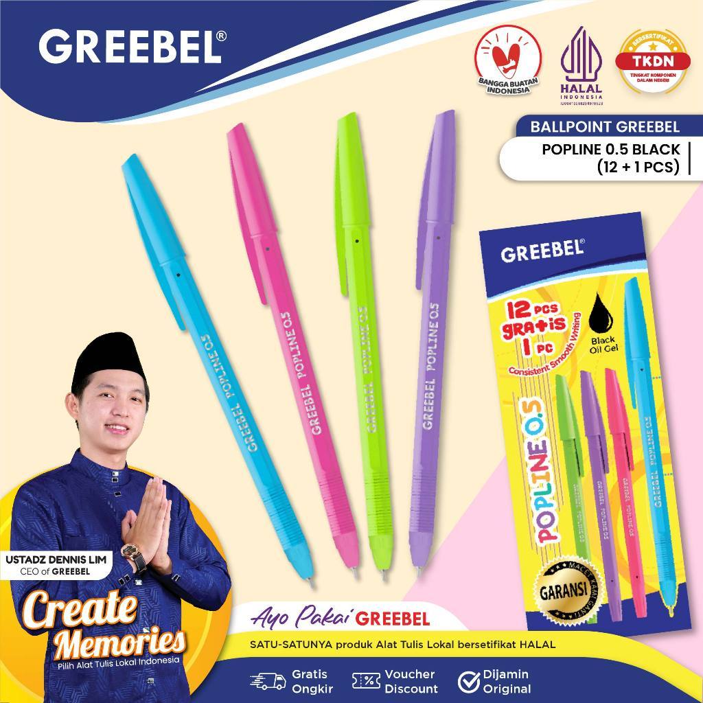 

GREEBEL Pulpen Ballpoint / Popline 0.5 Hitam / Pulpen Greebel / Pena / Ballpen