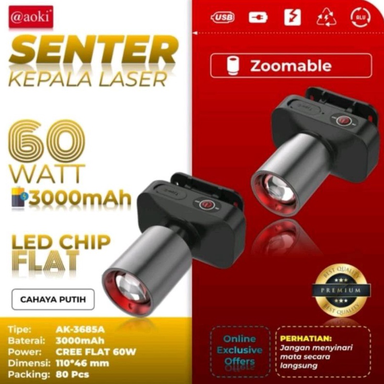 KODE F74U Senter kepala zoom aoki 6 watt Ak3685A cahaya Putih dan Kuning