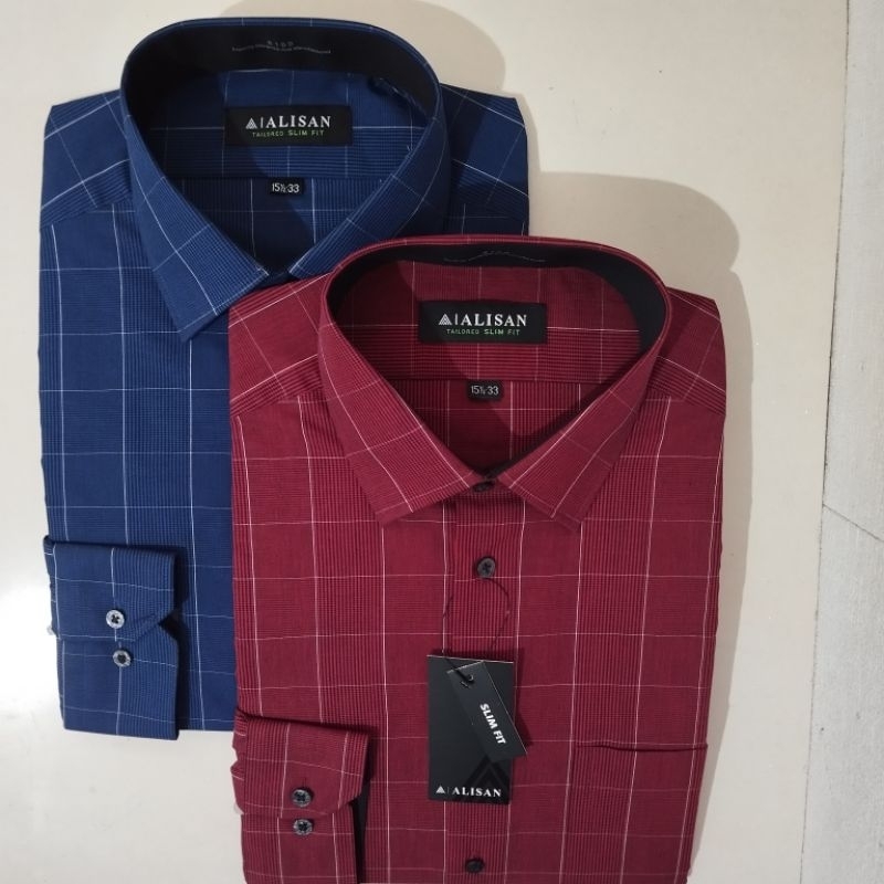 LENGAN PANJANG SLIMFIT Alisan Kemeja Pria Kombinasi Motif Kotak Besar Biru/Merah