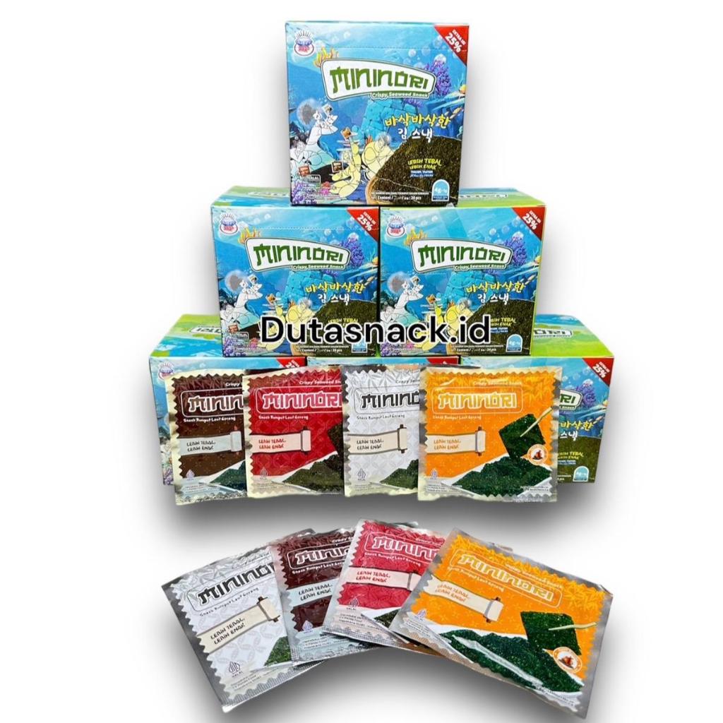 

1 box MINORI MIX RASA isi 24 picis - NORI rumput laut isi banyak by dutasnack.id