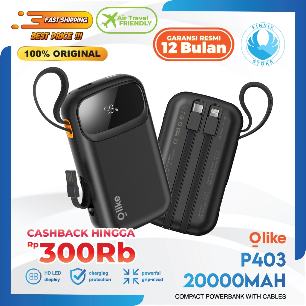 Olike P403 Compact Power bank Powerbank 20000mAh | 3 Built-in Cable | HD LED Display