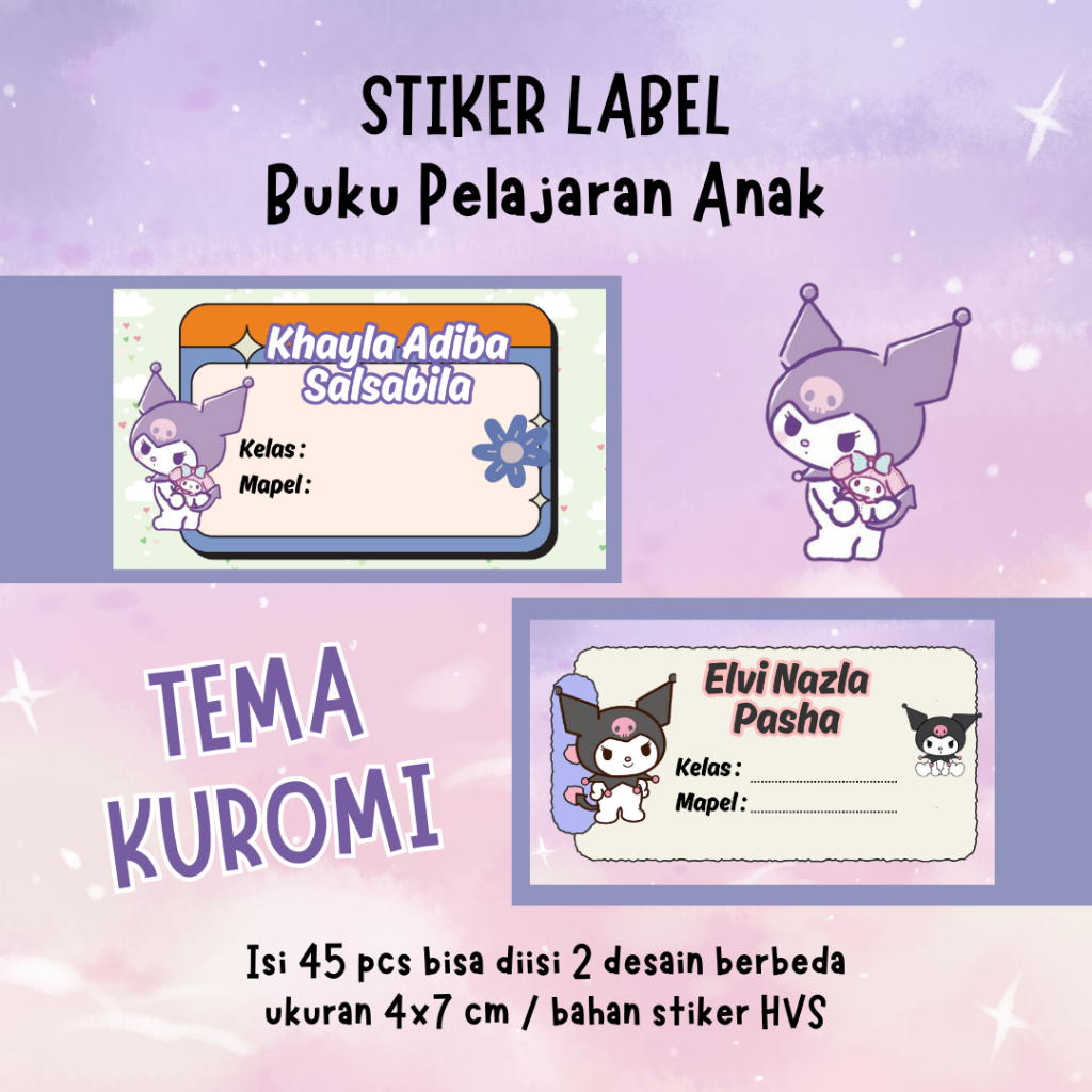 

Stiker Tema Kuromi/Stiker Buku Pelajaran Anak/Stiker Custom Nama/Stiker Anak