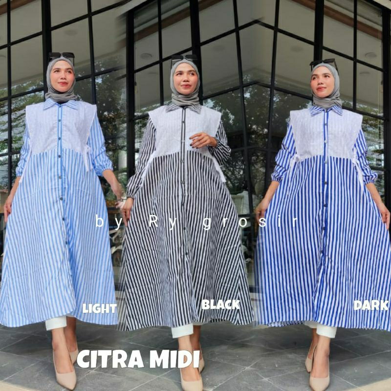 Midi Dres Wanita Citra Katun Salur Mix Brukat Kekinian