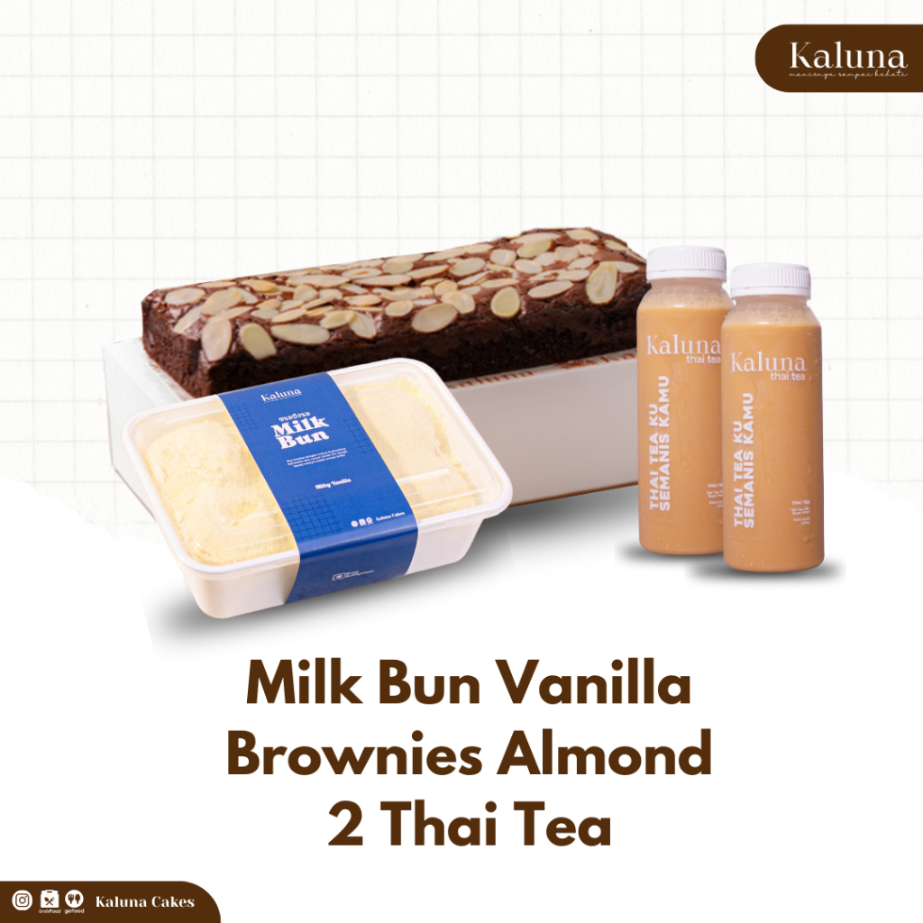 

Kaluna Cakes Paket Bundle of Joy Fudgy Brownies Almond, Milk Bun Milky Vanilla, dan 2 pcs Thai Tea