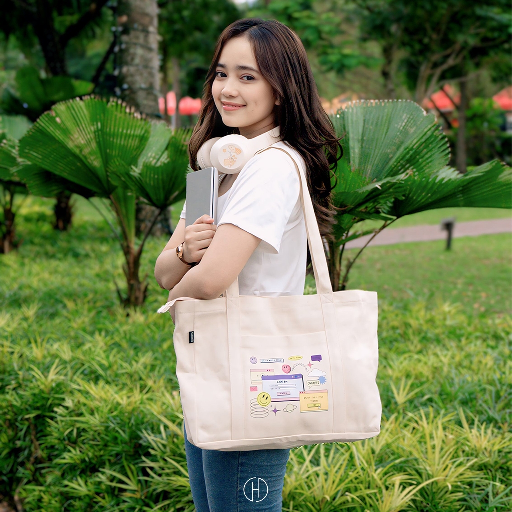 MURAH OAKHOPES - TOTE BAG KANVAS CREAM - TAS LAPTOP - TOTEBAG PRIA WANITA - DEXA BAG
