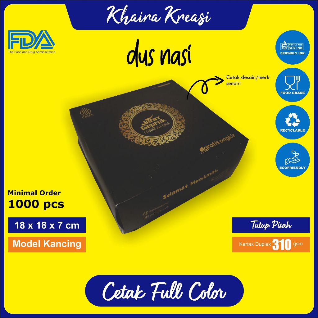 

Cetak Custom Dus Nasi / Dus Catering / Kotak Nasi / Ukuran 18x18x7 cm (Tutup Pisah) Minimal 1000 Pcs / cetak Full Color