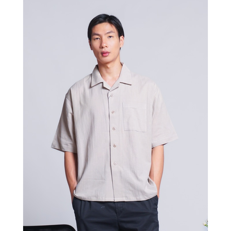 Seven Jobs - Cuban Bowling Boxy Oversized Linen Shirt | Kemeja Polos Pria Boxy Oversized Pria Lengan
