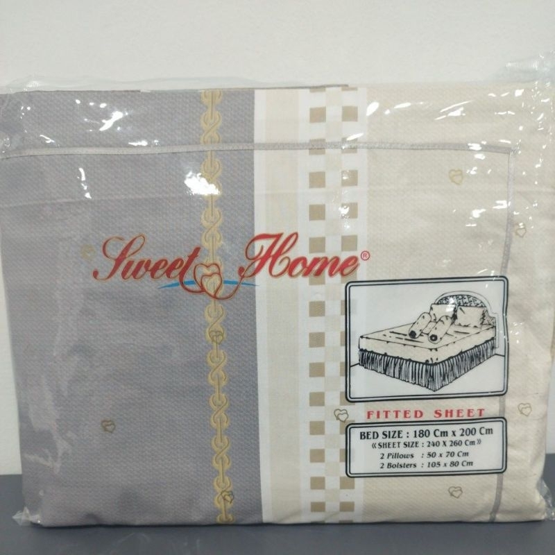 sprei karet Bahan Katun Exclusive 180x200x30 motif garis warna cream abu coklat